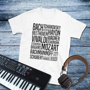 Composer T-Shirt Mozart, Wagner, Rachmaninoff, Tchaikovsky, Beethoven, Vivaldi, Bach, Haydn, Handel, Schumann, Stravinsky, Classical Music image 1