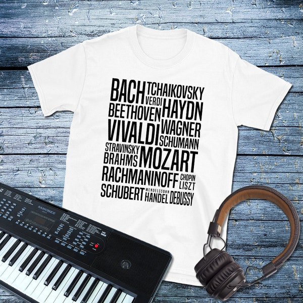 Composer T-Shirt - Mozart, Wagner, Rachmaninoff, Tchaikovsky, Beethoven, Vivaldi, Bach, Haydn, Handel, Schumann, Stravinsky, Classical Music