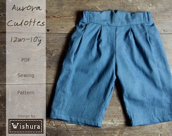 Aurora Culottes Sewing Pattern PDF, sizes 12m to 10y, step-by-step tutorial