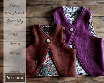 Kids Waistcoat Sewing Pattern PDF in sizes 0m to 10y with step-by-step tutorial