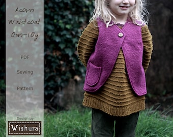 Downloadable Sewing Patterns, kids waistcoat pattern, sizes 0m to 10y, step-by-step tutorial