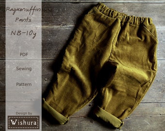 Ragamuffin Pants PDF Sewing Pattern with step-by-step tutorial, sizes Newborn to 10y