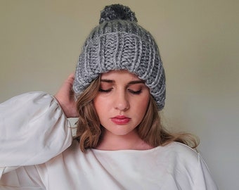 Ribbed Gray Thick Chunky Knit Beanie Hat for Fall and Winter