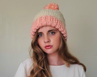 Pink and Cream Chunky Knit Beanie Hat