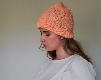 Peach hat, peach colored hat, peach winter hat, heart hat, hat with hearts, knit winter hat, warm winter hat, knit hat, winter hat