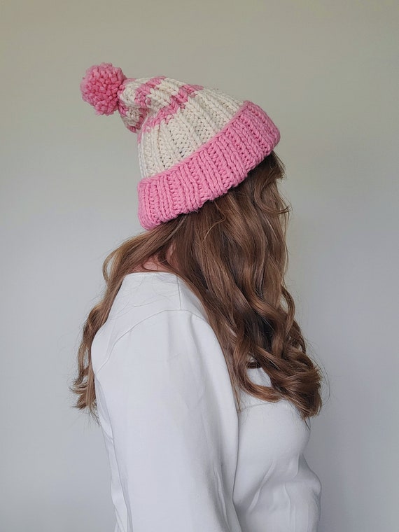 Pink and White Striped Thick and Chunky Beanie Hat - Etsy display picture 3