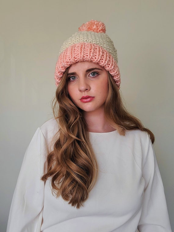 Chunky Knit Beanie - Candy Pink & Cream Pink and Cream Chunky Knit Beanie Hat - Etsy main image 2