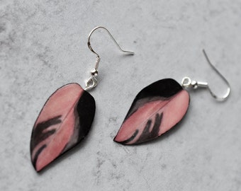Philodendron Pink Princess "PPP" Dark || Handmade Leaf Earrings || Plant Earrings || Sterling Silver Earrings