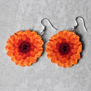 Orange Burst Ball Dahlia Flower Blossom Earrings