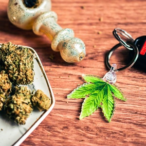 May include: A glass pipe, a small plate with dried cannabis buds, a green marijuana leaf keyring attached to a car key, and a black car key fob on a wooden surface.