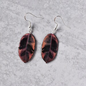 Ficus Elastica Ruby || Handmade Leaf Earrings || Plant Earrings || Sterling Silver Earrings