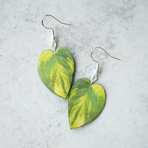 May include: A pair of leaf-shaped earrings. Each earring features a green and yellow leaf design with silver-colored ear wires. The earrings are a nature-inspired accessory.