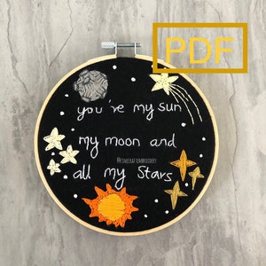 Space embroidery pattern, sun, moon and stars, PDF for beginners, embroidery pattern, needlecraft, PDF embroidery pattern with step by step