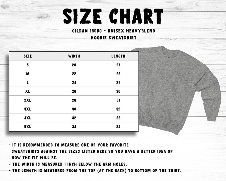 May include: Size chart for a Gildan 18000 unisex heavy blend hoodie sweatshirt. The chart shows the width and length measurements in inches for sizes S through 5XL.