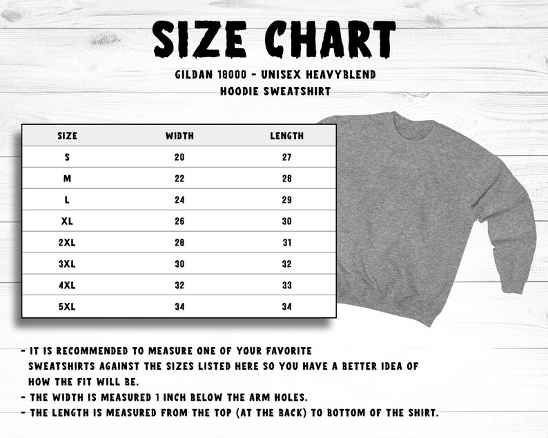 May include: Size chart for a Gildan 18000 unisex heavy blend hoodie sweatshirt. The chart shows the width and length measurements in inches for sizes S through 5XL.