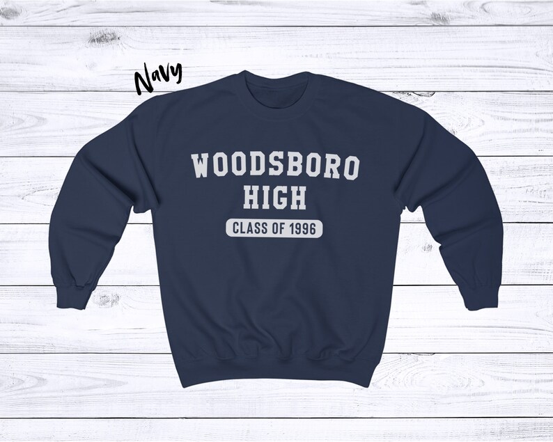 May include: Navy blue sweatshirt with white text that reads "Woodsboro High Class of 1996".