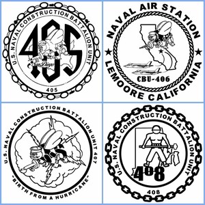 May include: Four black and white circular insignia with text and images. The top left insignia reads "U.S. NAVAL CONSTRUCTION BATTALION UNIT" with the number "405" and the words "San Diego" inside. The top right insignia reads "NAVAL AIR STATION LEMOORE CALIFORNIA" with the number "CBU-406" inside. The bottom left insignia reads "U.S. NAVAL CONSTRUCTION BATTALION UNIT 407" with the words "BIRTH FROM A HURRICANE" below. The bottom right insignia reads "U.S. NAVAL CONSTRUCTION BATTALION UNIT" with the number "408" inside.