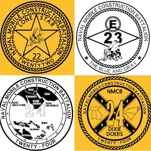 May include: Four black and white circular insignia with rope borders. Each insignia features a different design and text. The first insignia features a five-pointed star with a bee inside. The second insignia features a bee and the text "E 23 The Blue and Gray". The third insignia features a map of the world with the text "24" and "IRAQ FREEDOM III". The fourth insignia features a crossed Confederate flag with the text "NMCB 24 Dixie Doers".