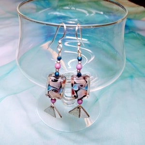 Lavender and blue dangle earrings with swirled glass bead and silver diamond