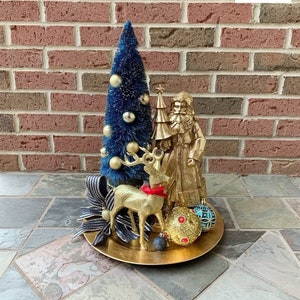Gold Santa Christmas Centerpiece: Blue Tree, Gold Deer, Elegant Holiday Decor