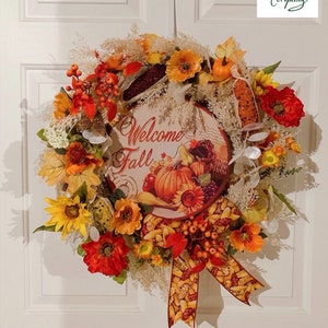 Corn Wreath, Welcome Fall Wreath, Fall Floral Wreath, Pumpkin Wreath, Fall Bottle Cap Sign, Wheat Wreath