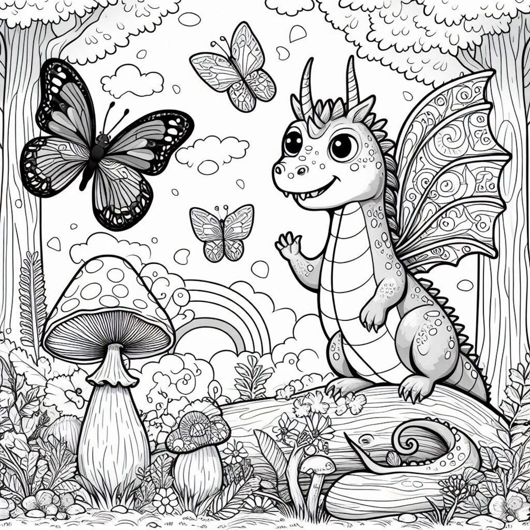 Coloring Page Dragon and Butterfly - Etsy