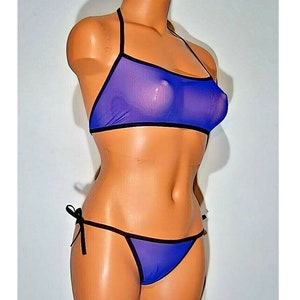 royal blue sheer spandex micro mesh sidetie low cut halter top lingerie set