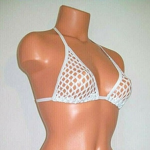 White Spandex big hole Fishnet Full Sheer BackTie Bikini Top Lingerie Sunwear