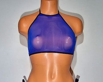May include: A purple mesh halter top with black trim. The top is sheer and has a loose fit.