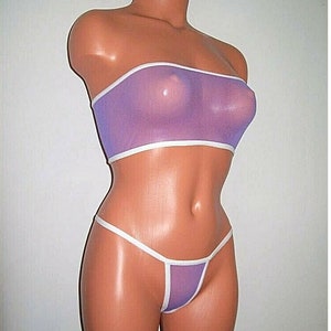 May include: A purple mesh bandeau top with white trim and matching purple mesh underwear with white trim.