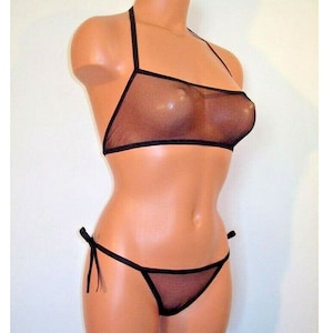 black spandex sheer micro mesh side tie low cut halter top lingerie sunwear set