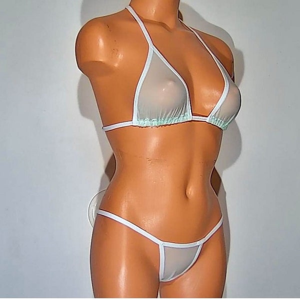 mint pale green spandex sheer micro mesh banded thong bikini top lingerie sunwear