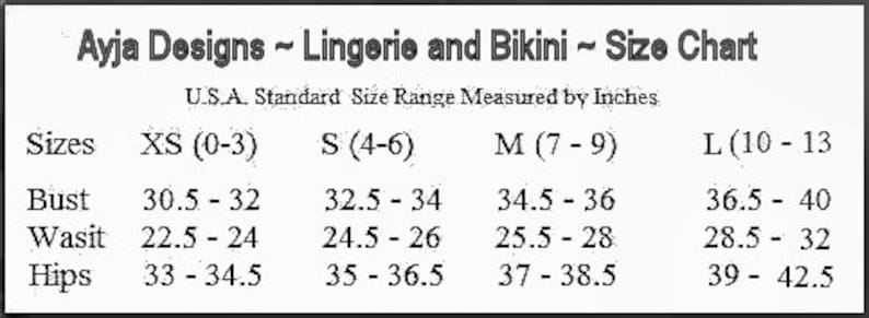 May include: Size chart for lingerie and bikinis, showing US standard sizes in inches for bust, waist, and hips. Sizes range from XS (0-3) to L (10-13).