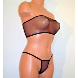 black sheer spandex micro mesh banded tube top thong pantie lingerie sunwear set