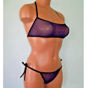 navy blue spandex sheer mesh side tie low cut halter top lingerie sunwear set