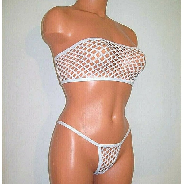 White sheer big hole Fishnet mesh banded tube top thong pantie lingerie sunwear