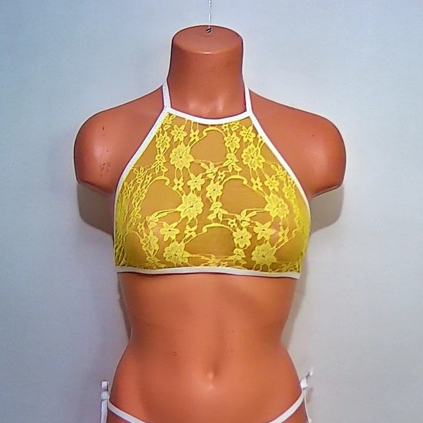 Yellow Flower Sheer Lace Full Halter Top Lingerie Sunwear