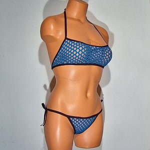 blue spandex big hole sheer fishnet side tie low cut halter top lingerie set