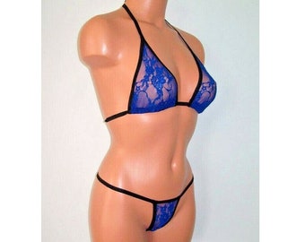 royal blue flower lace sheer spandex mesh banded thong bikini lingerie sunwear set