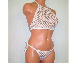 white spandex big hole sheer fishnet side tie thong full halter top lingerie set