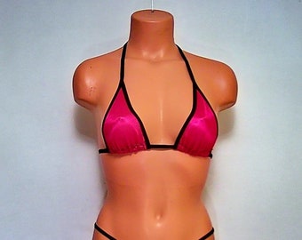 Dark Pink semi sheer nylon tricot back tie bikini top lingerie sunwear