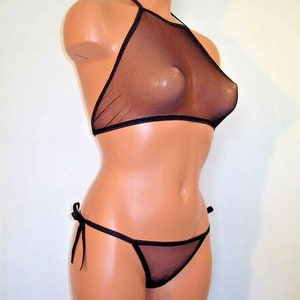 black spandex sheer micro mesh side tie thong full halter top lingerie set Bild 2