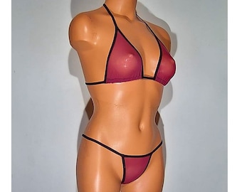 raspberry red spandex sheer micro mesh banded thong bikini top lingerie sunwear set