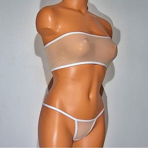 pale yellow sheer spandex micro mesh banded tube top thong pantie lingerie sun
