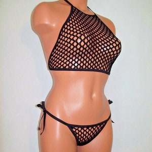 May include: Black mesh halter top and matching bikini bottom with tie sides. The mesh is a diamond pattern.