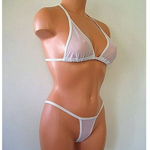 white spandex sheer micro mesh banded thong bikini lingerie sunwear set