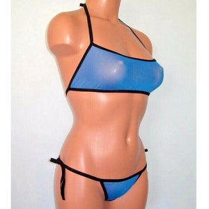 turquoise blue sheer spandex micro mesh sidetie low cut halter top lingerie set