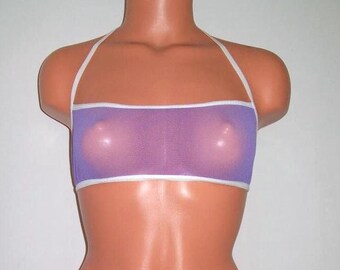 May include: A sheer purple mesh halter top with white trim. The top is made of a soft, stretchy material and has a halter neck style.