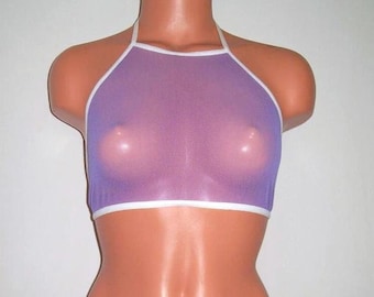 May include: A purple mesh halter top with white trim. The top is sheer and has a loose fit.