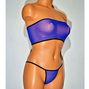 Royal Blue Spandex Sheer Micro Mesh Banded Thong Tube Top Sunwear Lingerie Set